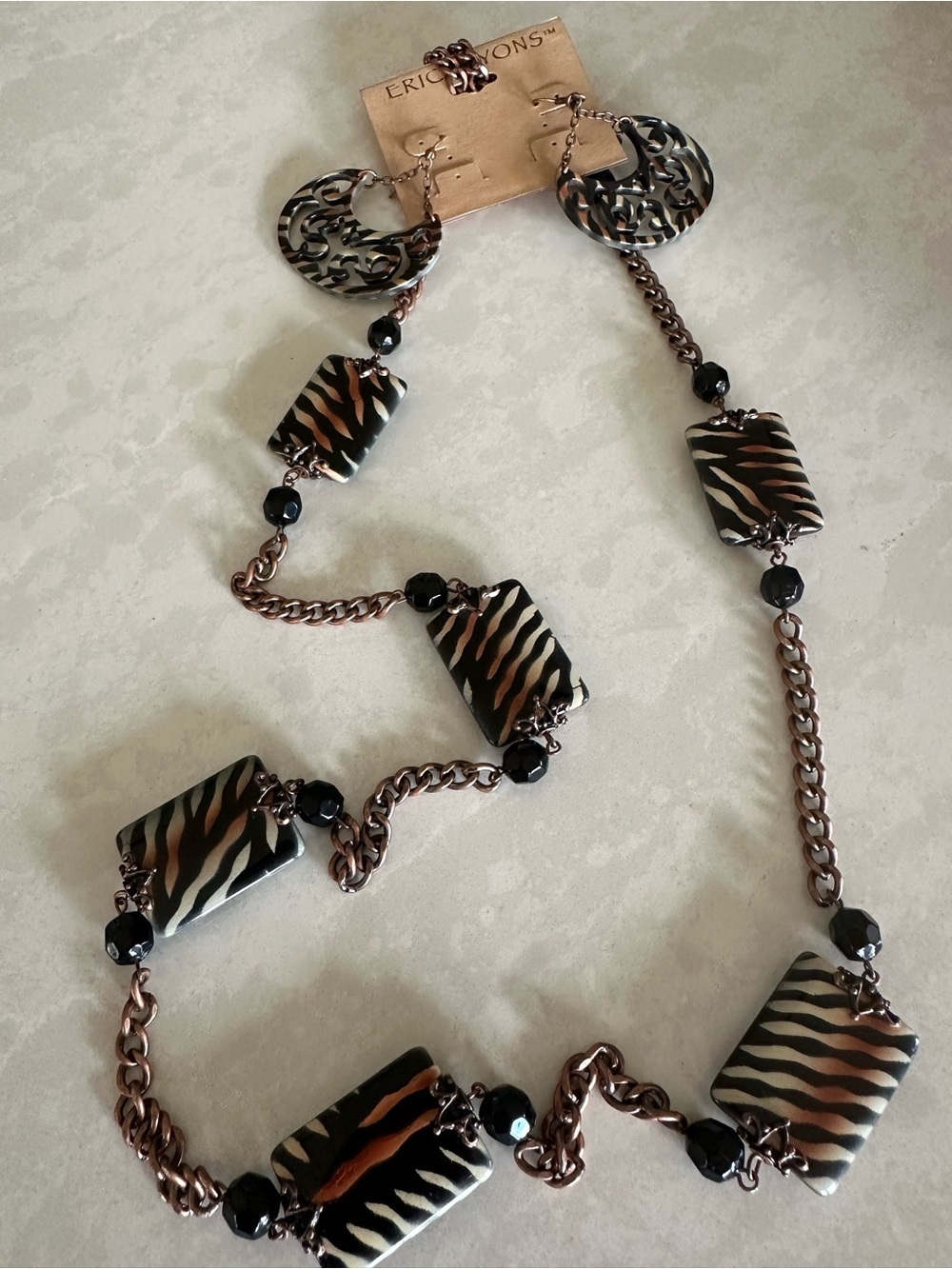 Erica Lyons Black and Brown Zebra-Print Pendant Necklace